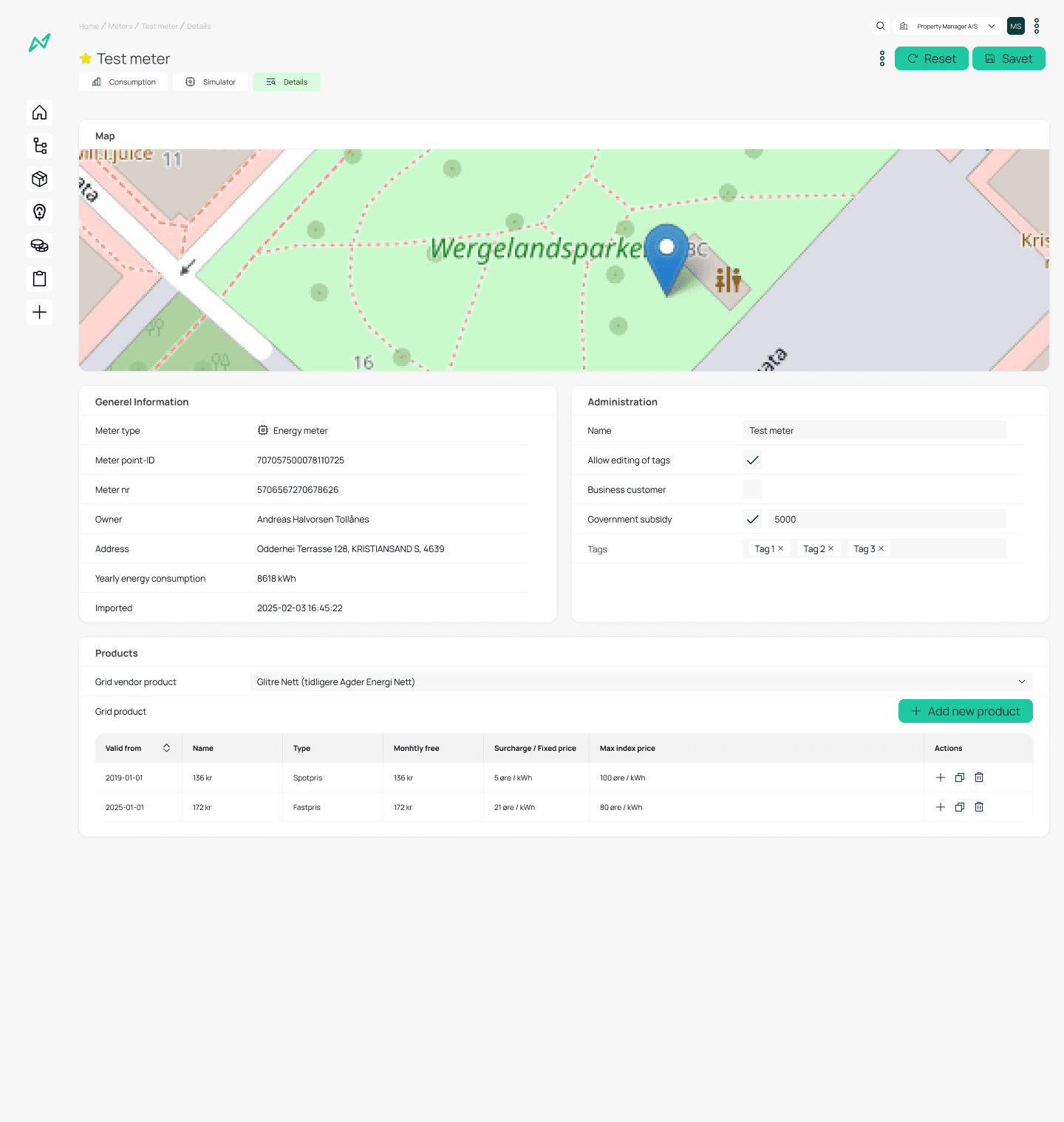 Meter detail page with map, general information and grid products