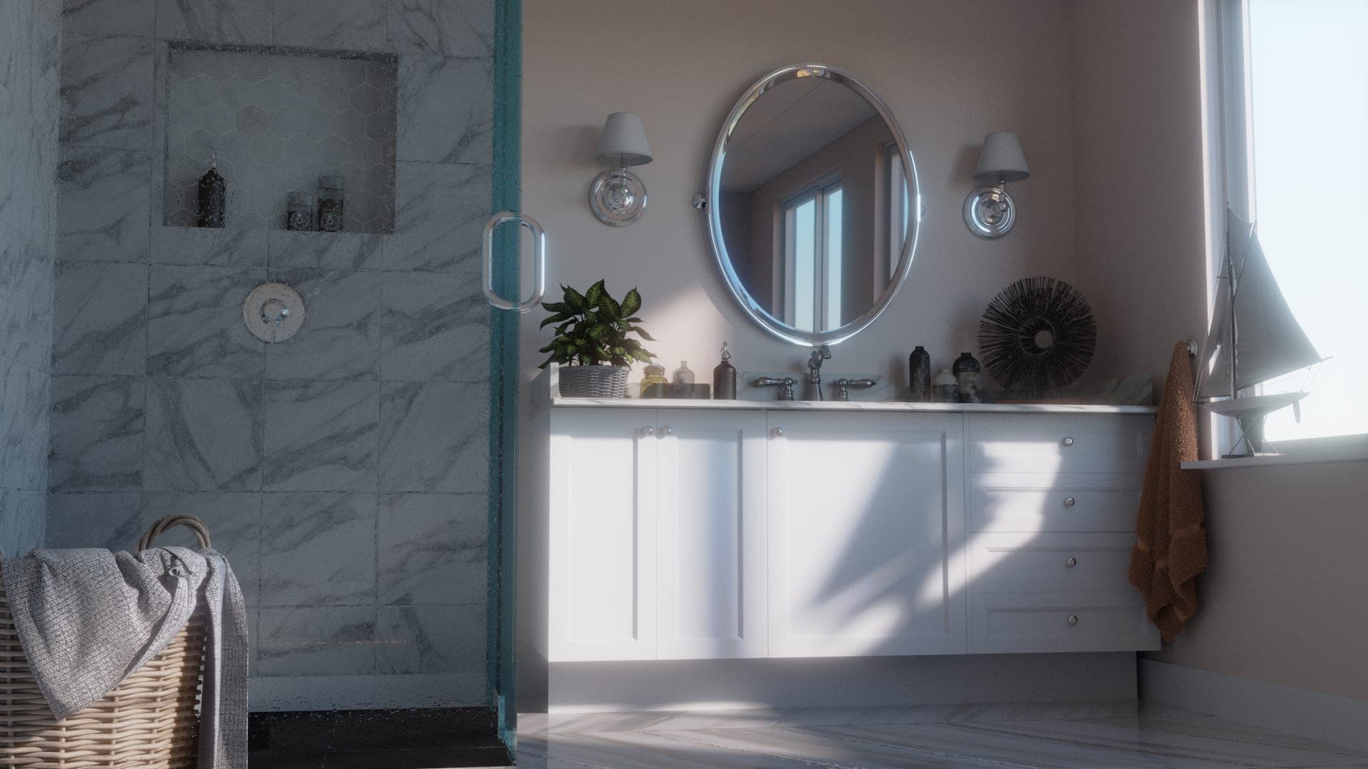 Bathroom with a marble walk-in shower beside a white vanity