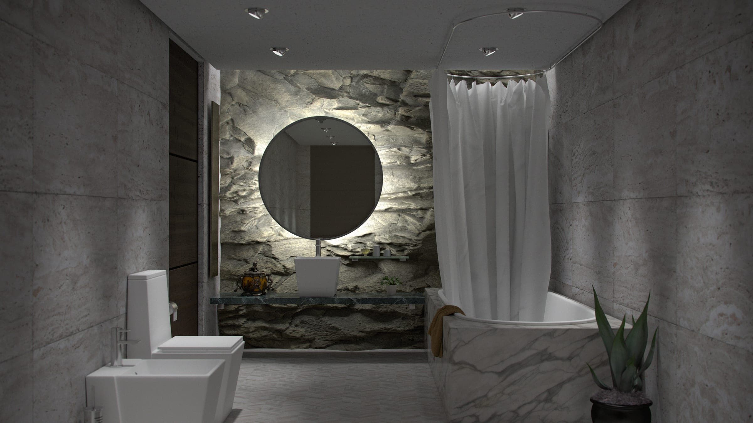 Bathroom with a stone feature wall, a backlit round mirror and a marble bath