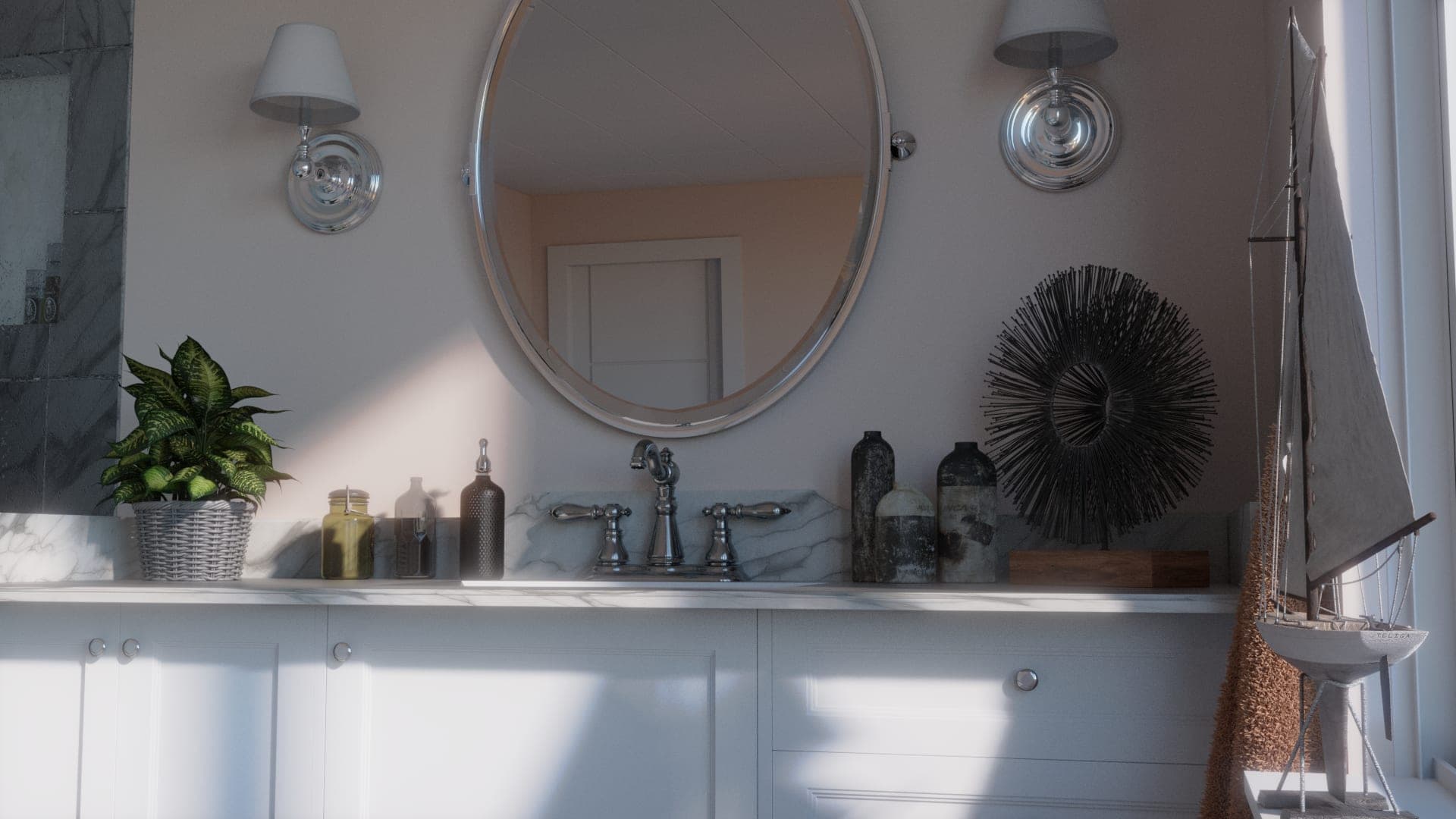 Bathroom vanity in detail: chrome mirror, sconces and a marble top