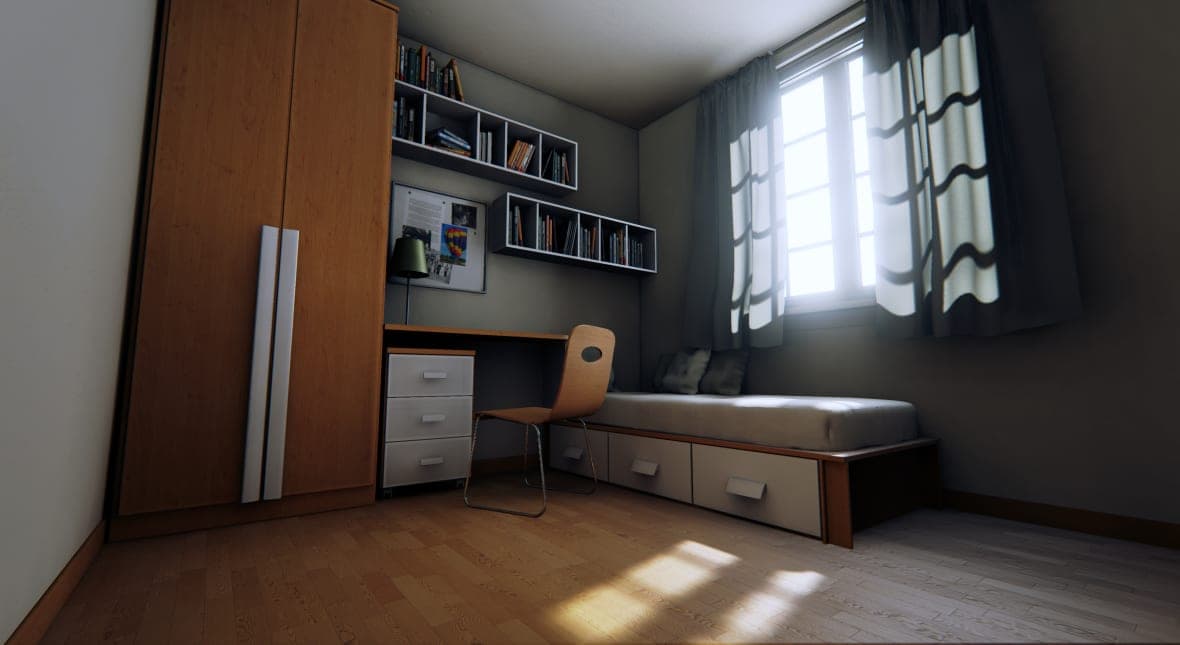 Small bedroom with a built-in desk, bookshelves and afternoon light
