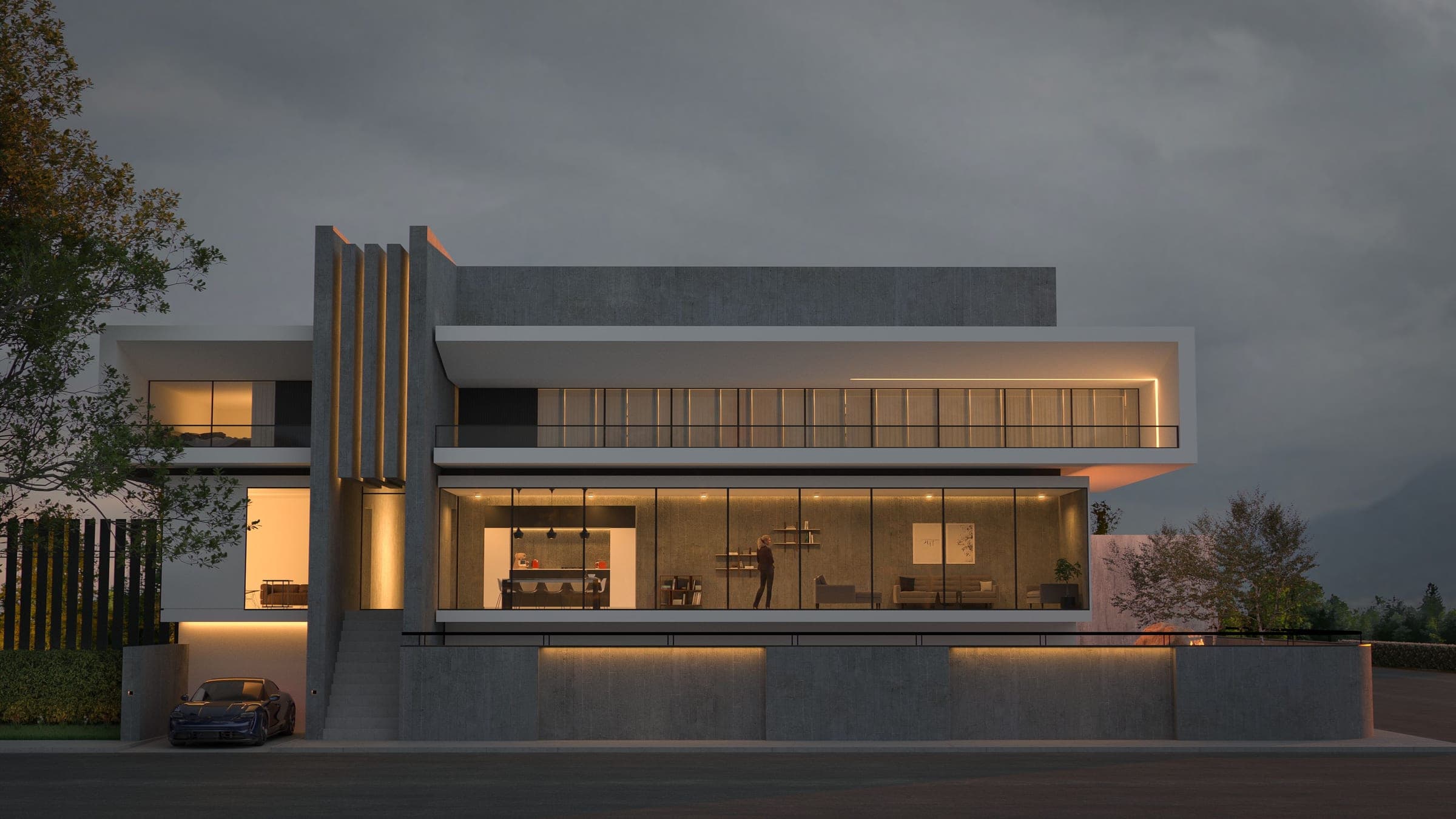 Modern house at dusk, lit from inside