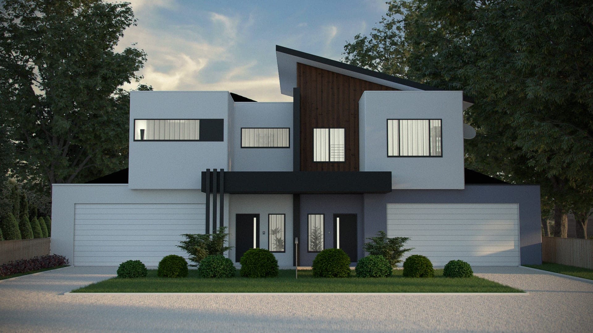 Two-storey house at dusk, white render against stained timber cladding