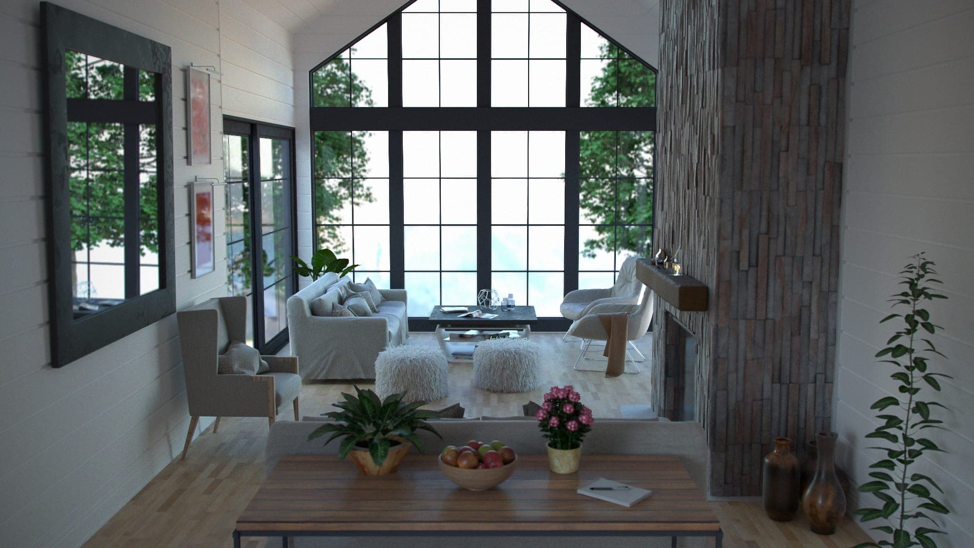 Living room under a cathedral window, with a stacked stone chimney breast