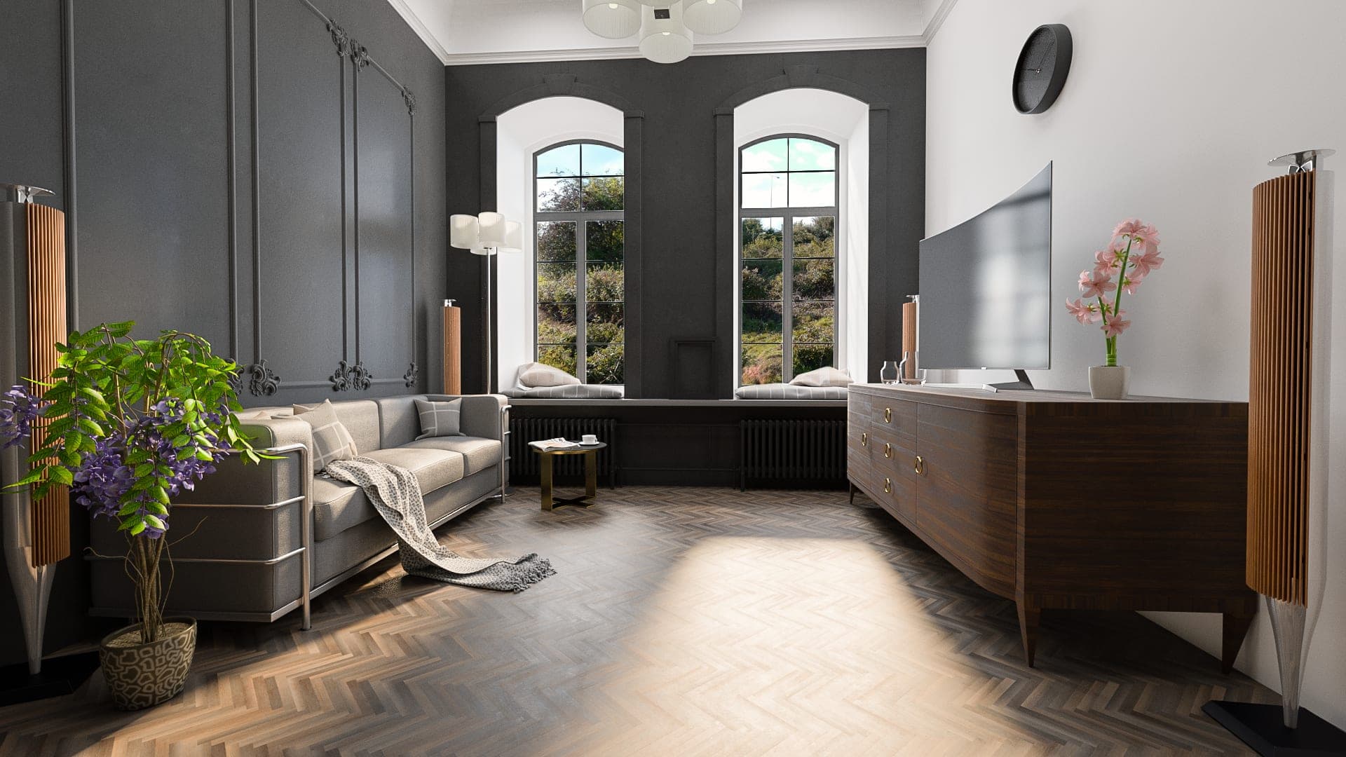 Living room with dark panelled walls, arched windows and a herringbone floor