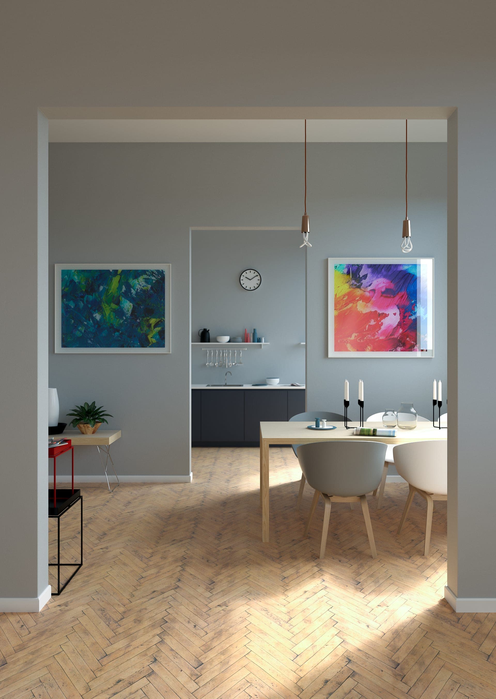 Open-plan kitchen and dining room in pale oak