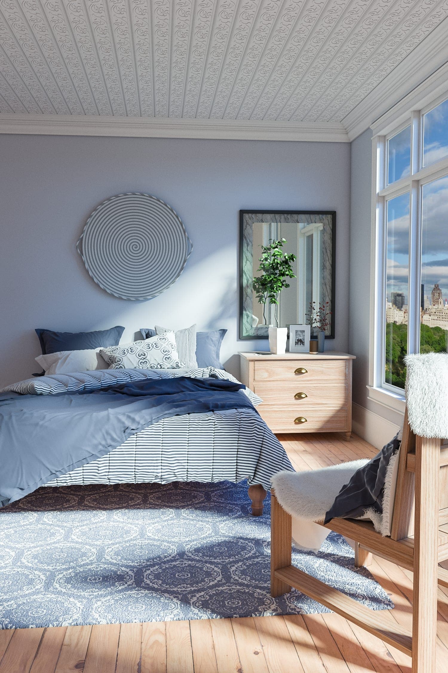 Coastal bedroom in blue and white
