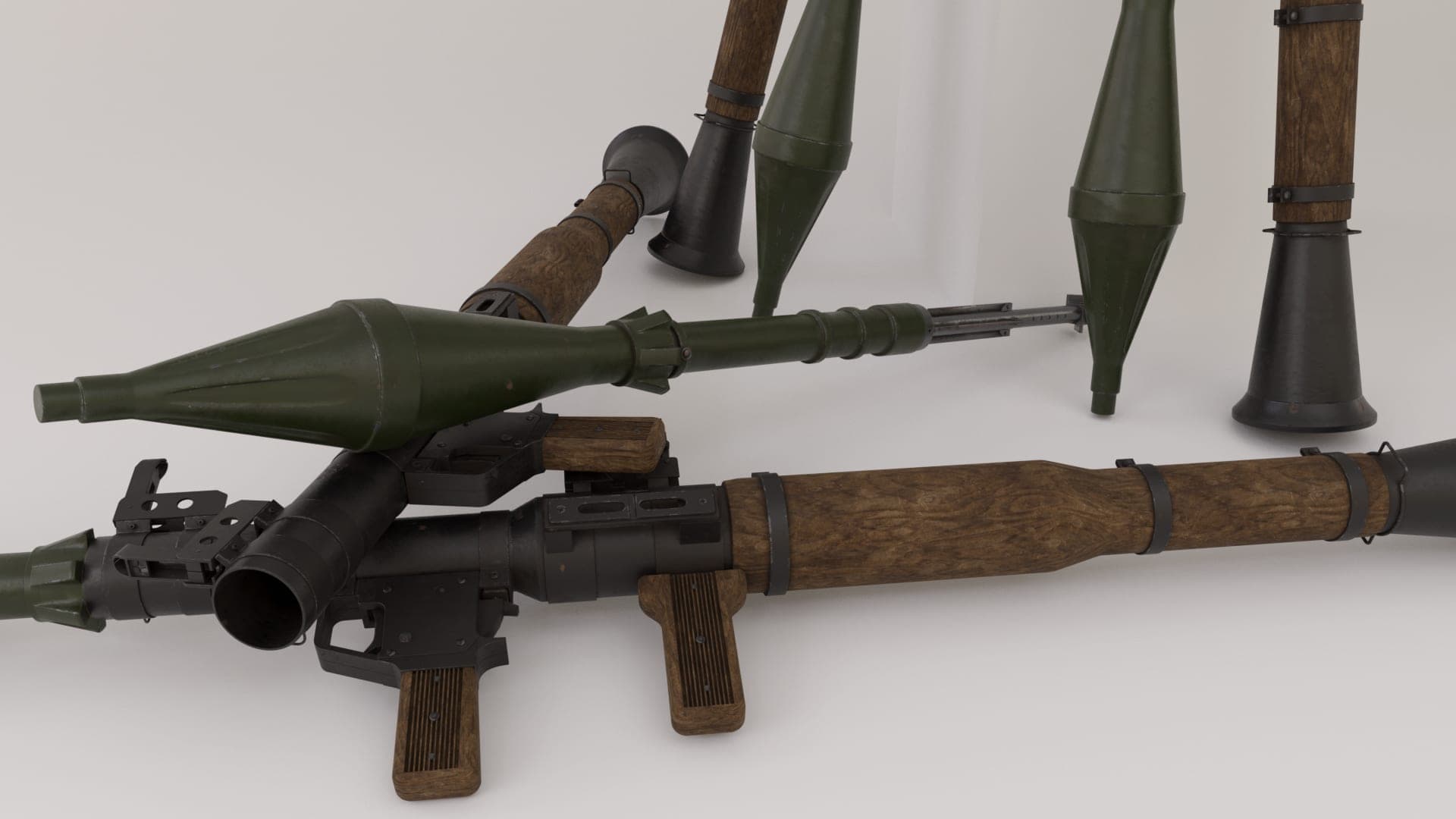 RPG-7 launchers and warheads, laid out as a studio render
