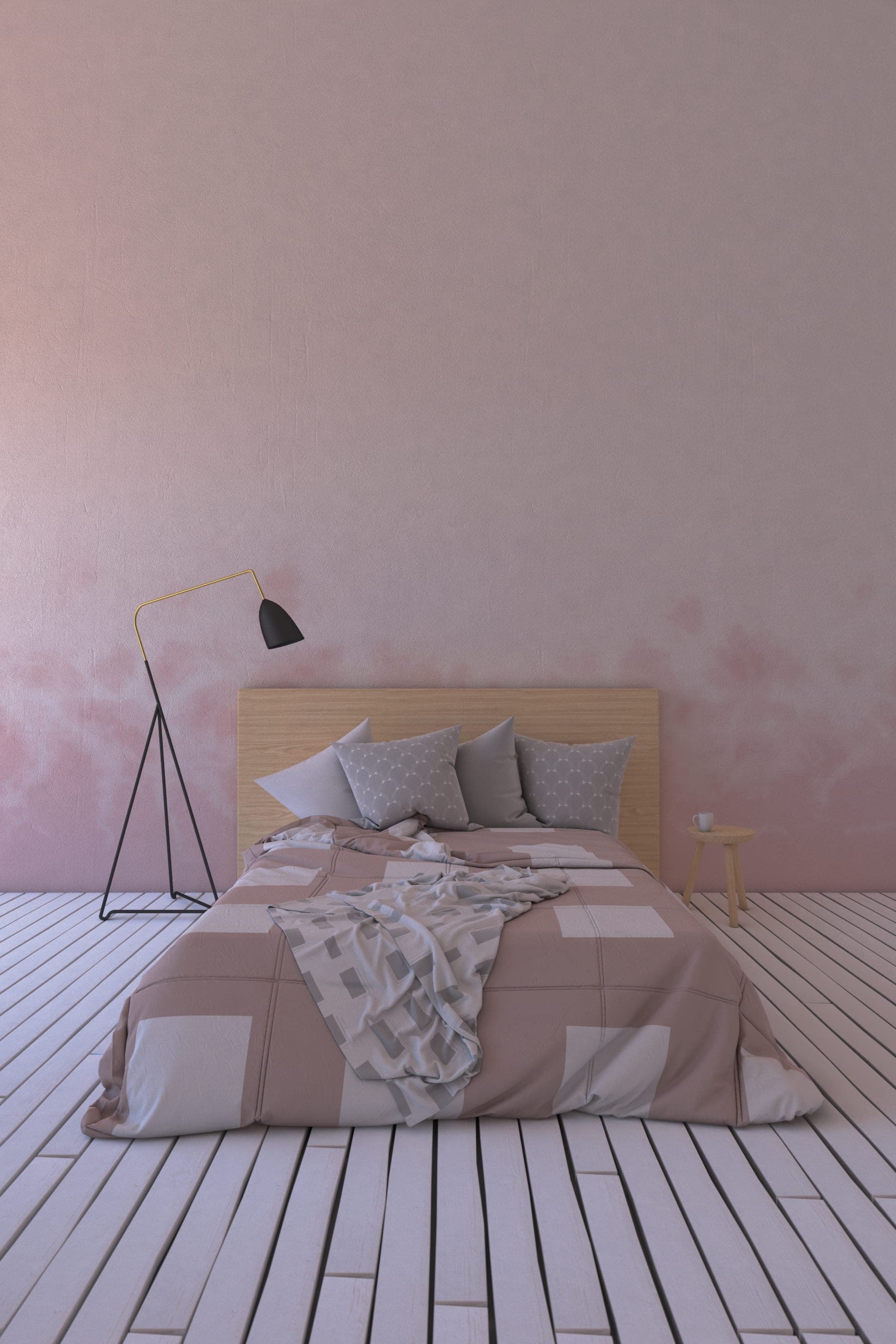 Bedroom in dusty pink, seen wide
