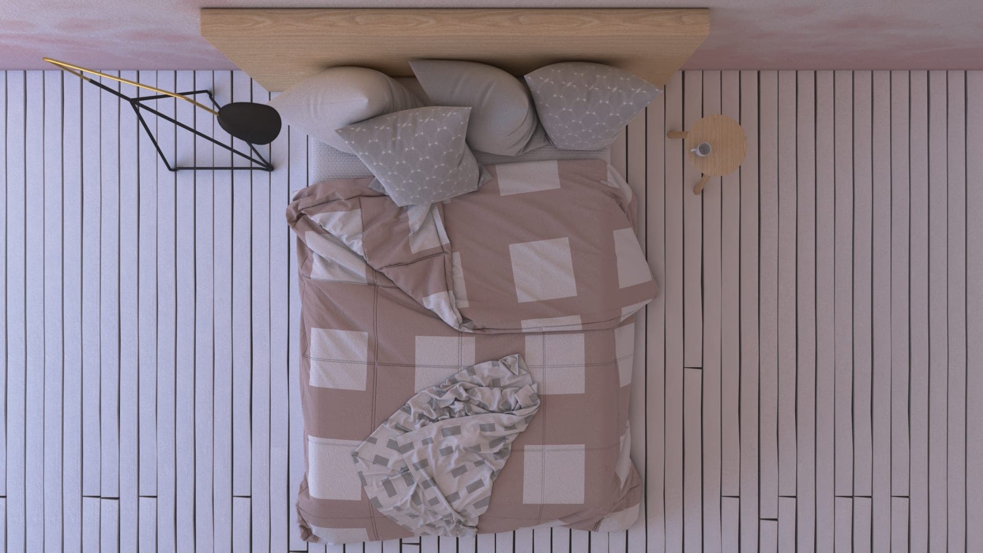 Bed from above, with the throw folded back