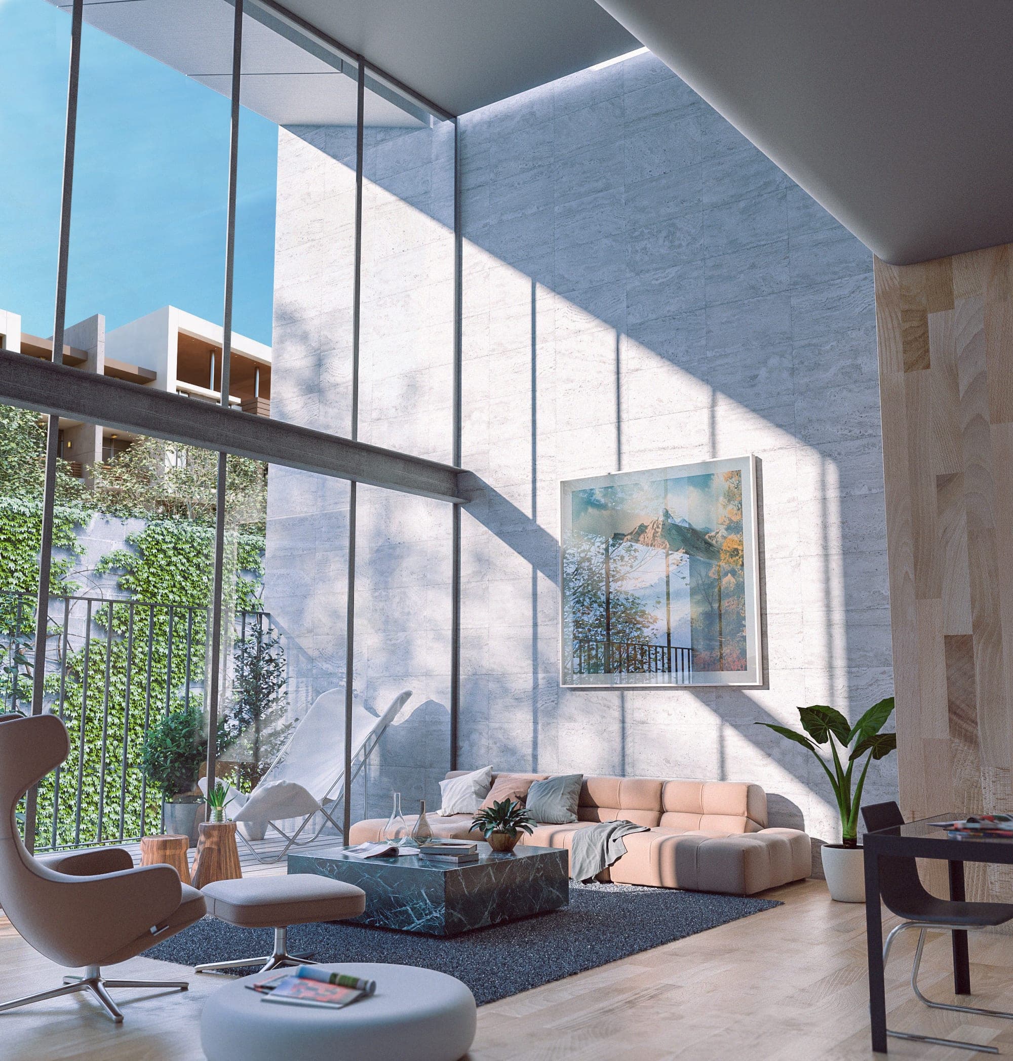 Double-height living space behind full-height glazing